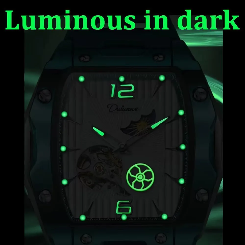 Sports Mens Watches White Rubber Strap Hollow Out Automatic Mechanical Watch Waterproof Luminous Tonneau Dial Wristwatch