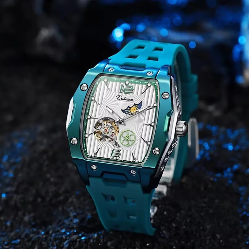 Sports Mens Watches White Rubber Strap Hollow Out Automatic Mechanical Watch Waterproof Luminous Tonneau Dial Wristwatch