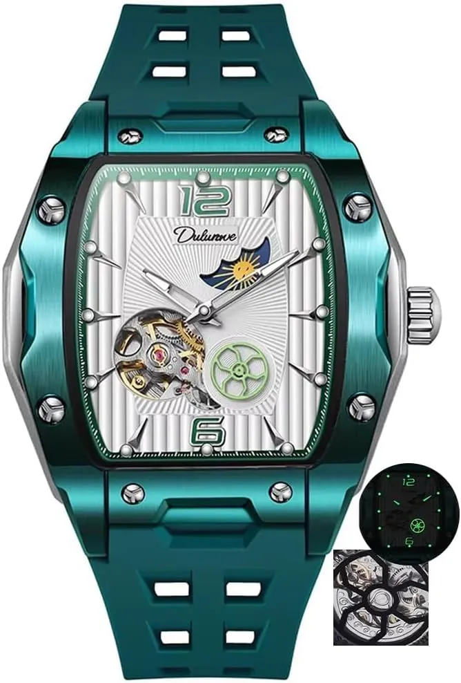Sports Mens Watches White Rubber Strap Hollow Out Automatic Mechanical Watch Waterproof Luminous Tonneau Dial Wristwatch