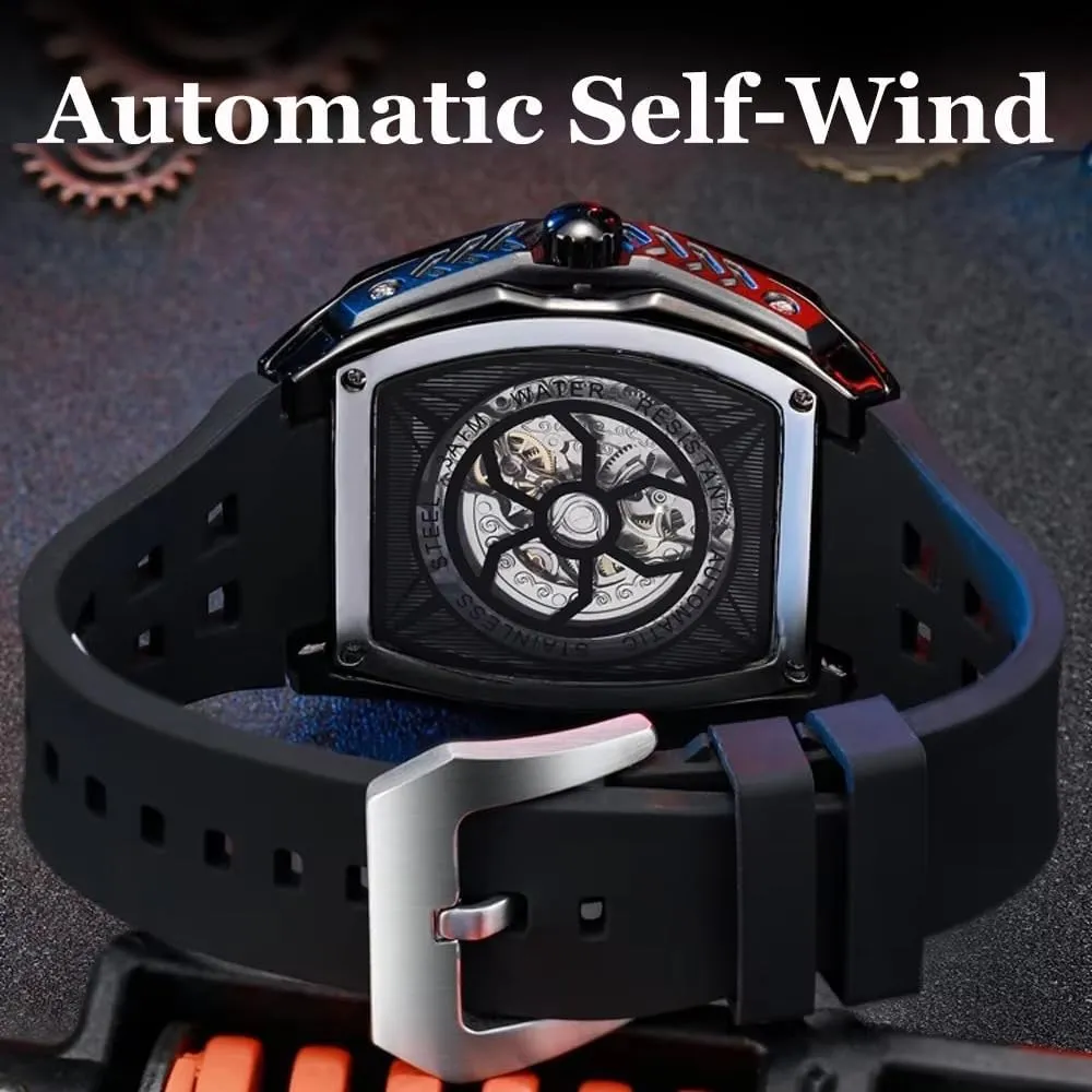 Sports Mens Watches White Rubber Strap Hollow Out Automatic Mechanical Watch Waterproof Luminous Tonneau Dial Wristwatch