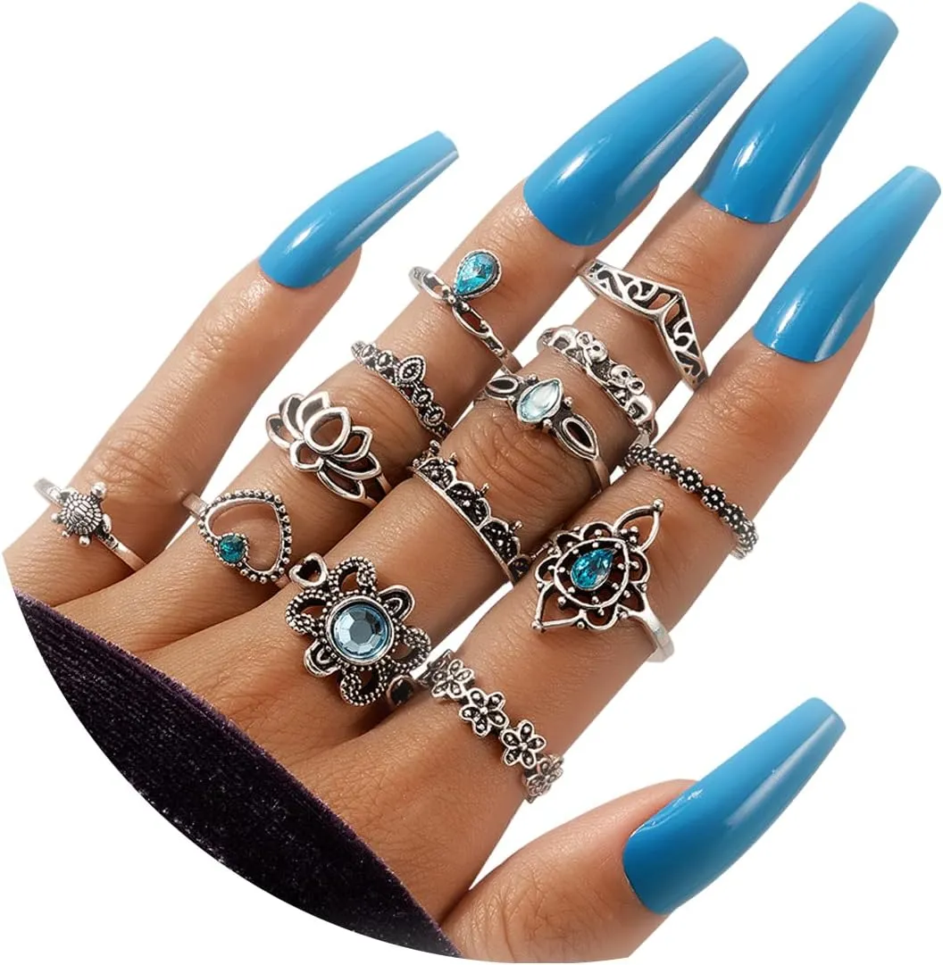 Stackable Rings for Women Boho Knuckle Rings for Teen Girls Peak Sea Wave Compass Turquoise Knuckle Finger Ring Sets