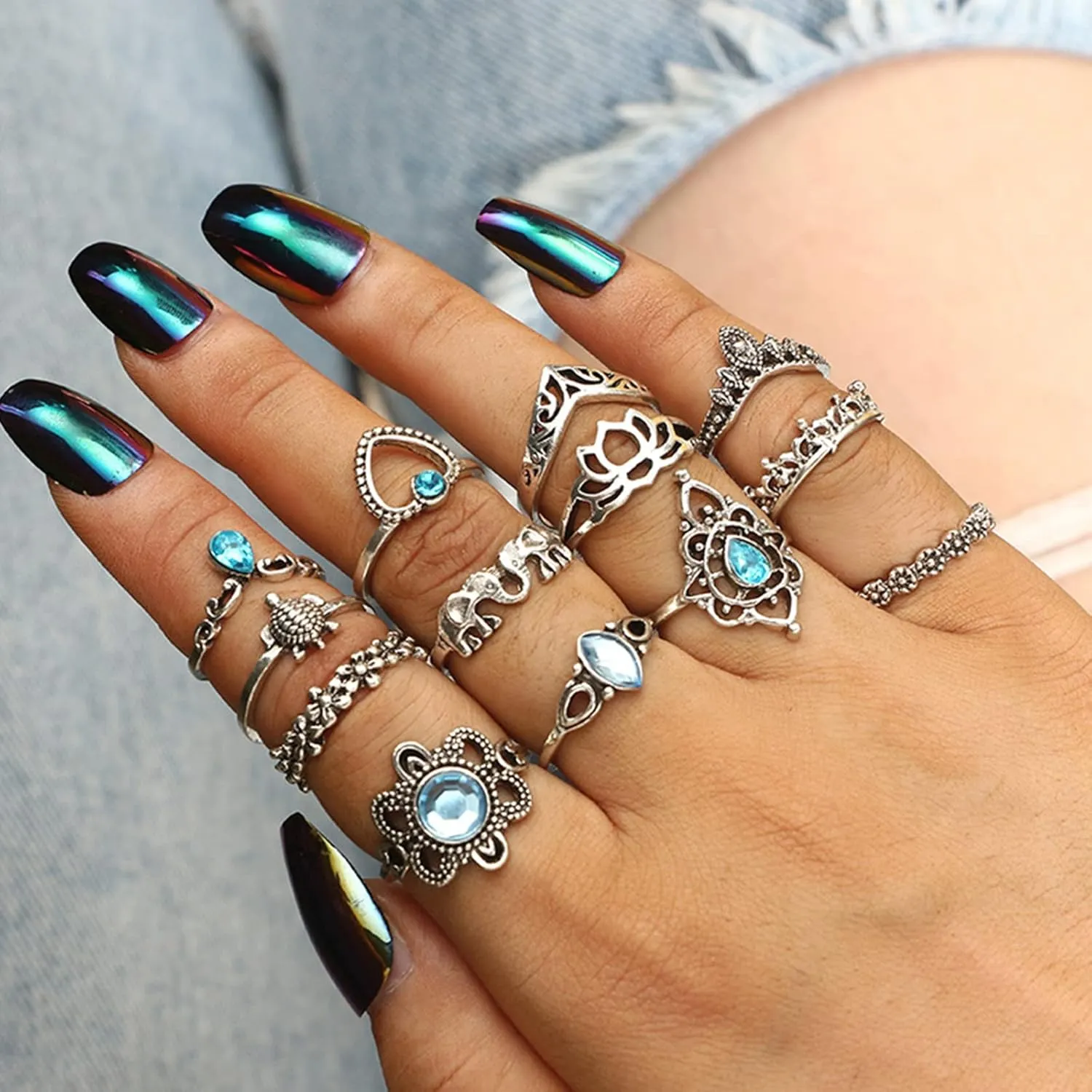Stackable Rings for Women Boho Knuckle Rings for Teen Girls Peak Sea Wave Compass Turquoise Knuckle Finger Ring Sets
