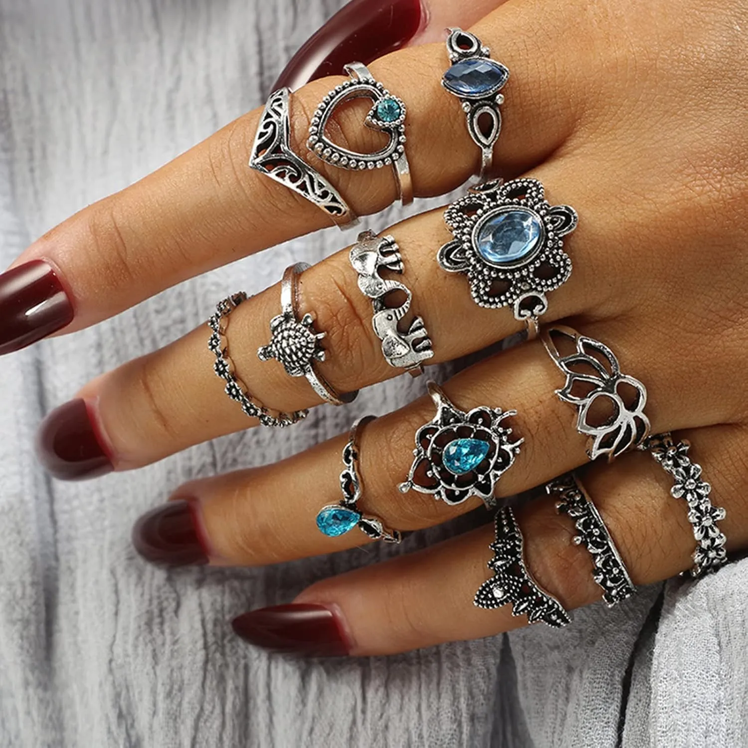 Stackable Rings for Women Boho Knuckle Rings for Teen Girls Peak Sea Wave Compass Turquoise Knuckle Finger Ring Sets