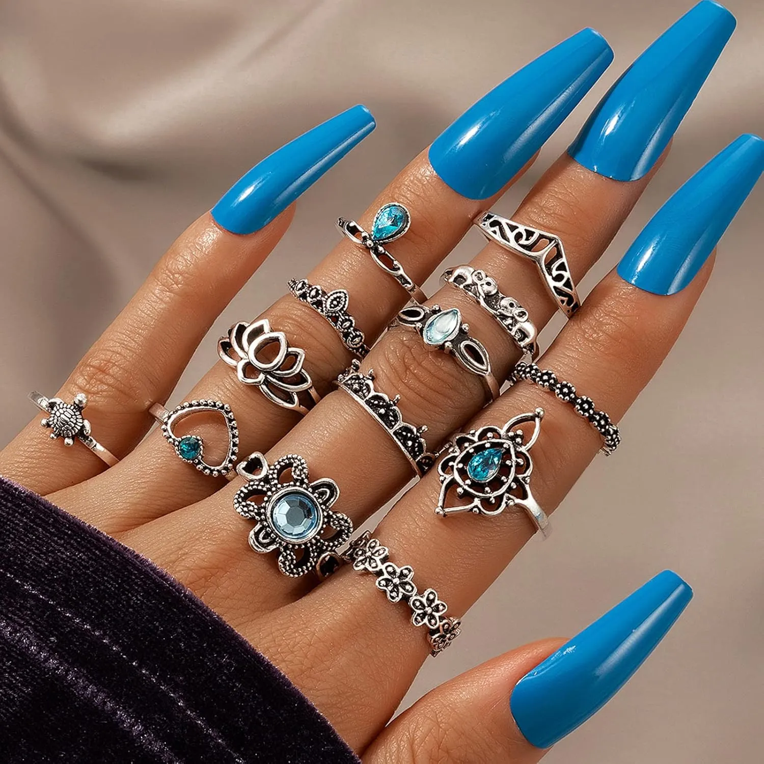 Stackable Rings for Women Boho Knuckle Rings for Teen Girls Peak Sea Wave Compass Turquoise Knuckle Finger Ring Sets