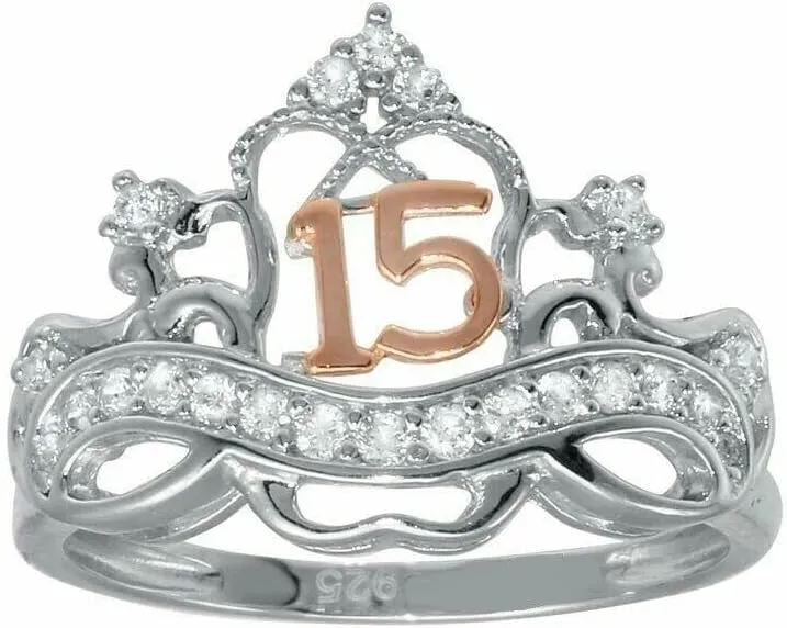 Sterling Silver Two Tone 15 Anos Quinceanera Crown CZ Stones Ladies Ring Size:7