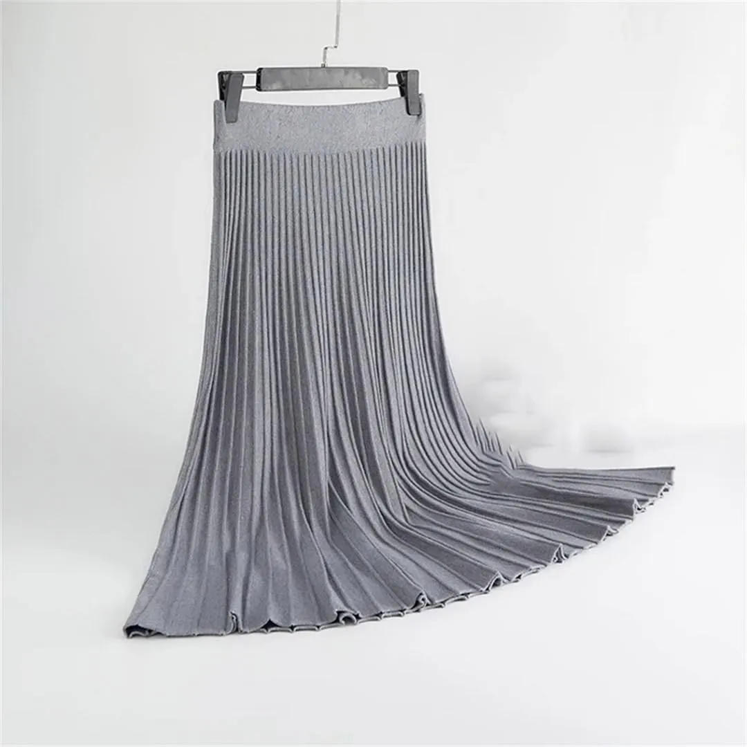 Striped Knitted Women Sweater Skirt Elastic Band Pleated Midi Skirts High Waist A-Line Skirts Female