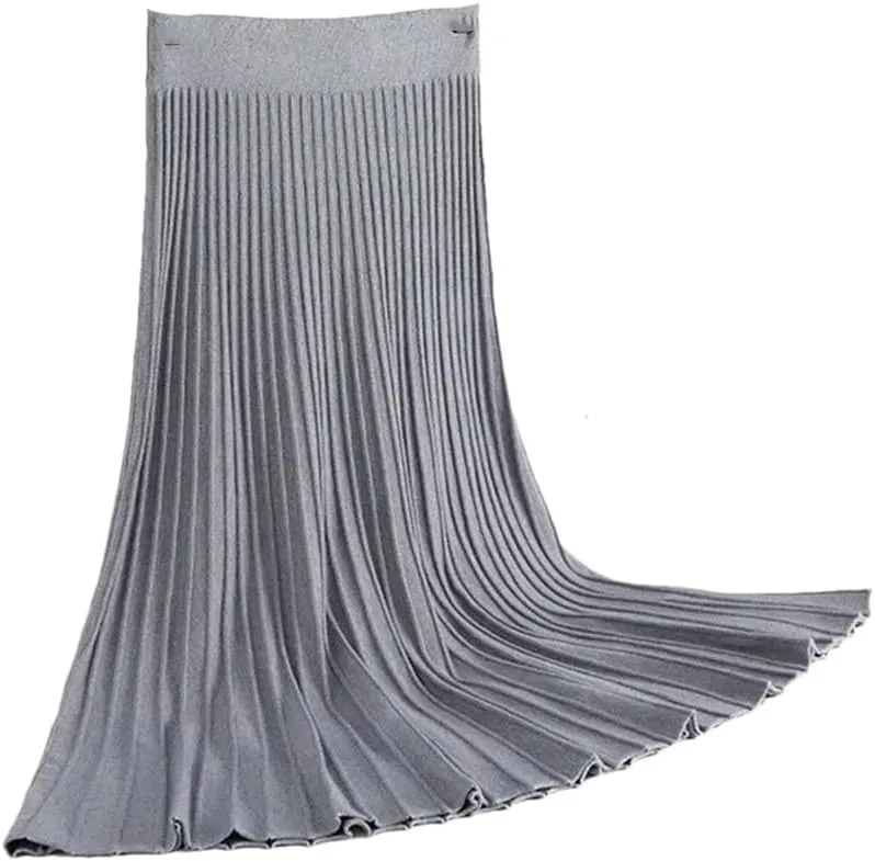 Striped Knitted Women Sweater Skirt Elastic Band Pleated Midi Skirts High Waist A-Line Skirts Female