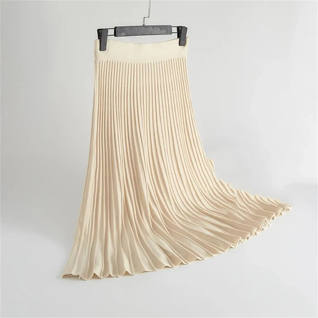 Striped Knitted Women Sweater Skirt Elastic Band Pleated Midi Skirts High Waist A-Line Skirts Female