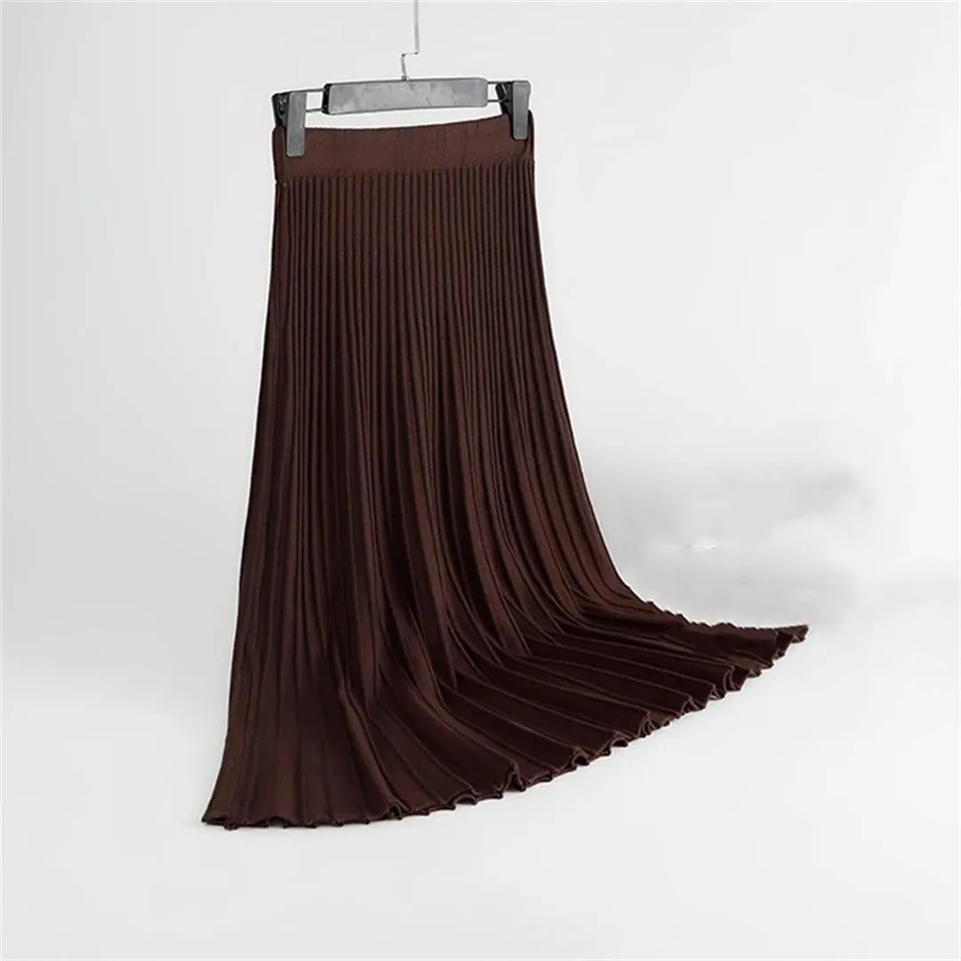 Striped Knitted Women Sweater Skirt Elastic Band Pleated Midi Skirts High Waist A-Line Skirts Female