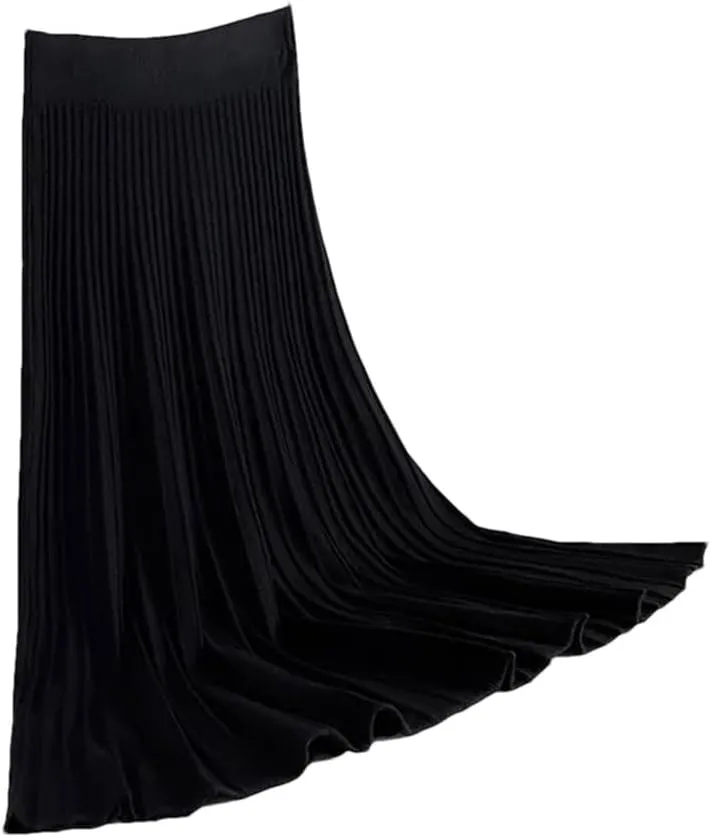 Striped Knitted Women Sweater Skirt Elastic Band Pleated Midi Skirts High Waist A-Line Skirts Female