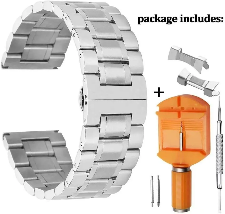 Stunning Brushed Stainless Steel Watch Band Strap Replacement with Straight&Curved End