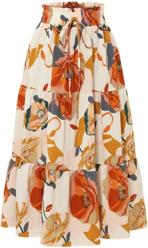 Summer Boho Floral Print Casual Skirt for Women, Fashion Drawstring Ruched Tiered Midi Skirts Elastic Comfy Flowy Clothes
