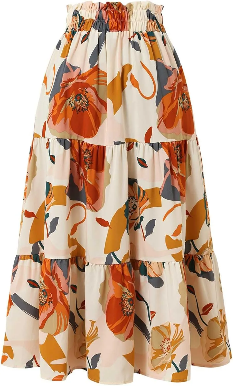 Summer Boho Floral Print Casual Skirt for Women, Fashion Drawstring Ruched Tiered Midi Skirts Elastic Comfy Flowy Clothes