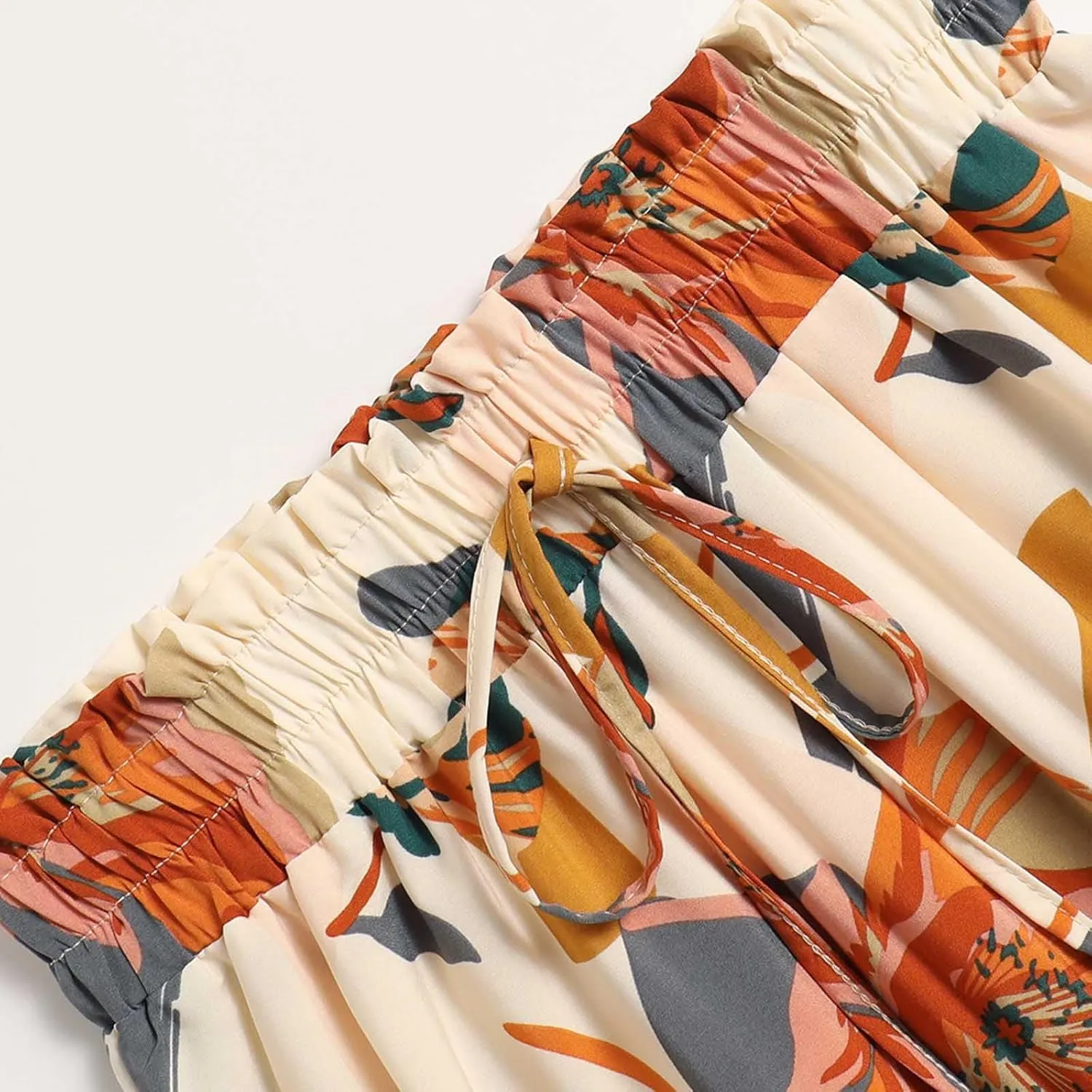 Summer Boho Floral Print Casual Skirt for Women, Fashion Drawstring Ruched Tiered Midi Skirts Elastic Comfy Flowy Clothes