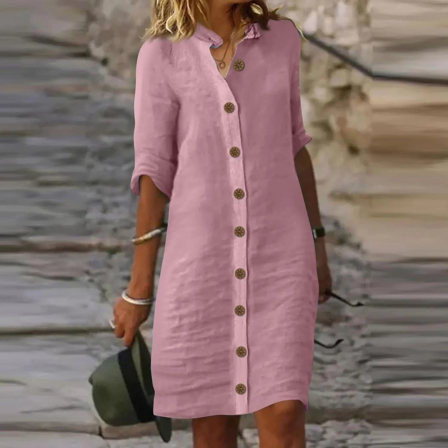 Summer Dresses for Women 2024 Casual Button Down Midi Shirt Dress Beach Half Sleeve V Neck Knee Length Dress