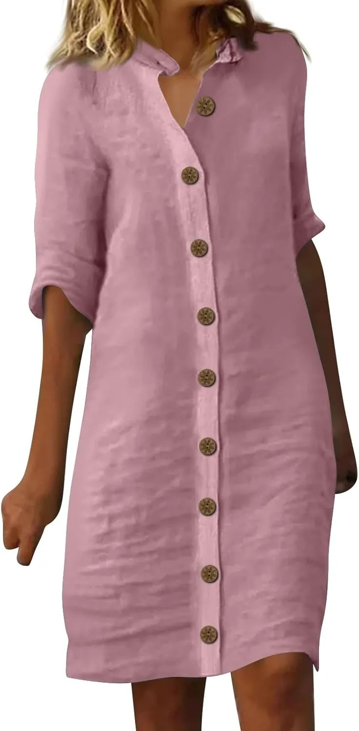 Summer Dresses for Women 2024 Casual Button Down Midi Shirt Dress Beach Half Sleeve V Neck Knee Length Dress