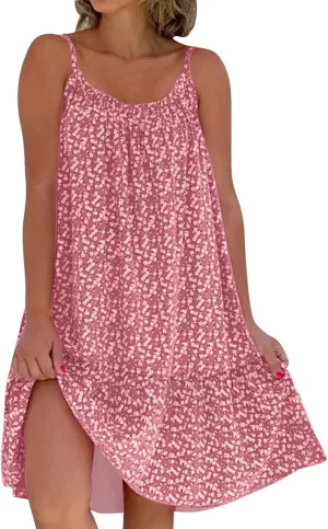 Summer Dresses for Women 2024 Floral Printed Ruffle Hem Spaghetti Sundresses Sleeveless Crewneck Beach Midi Dress