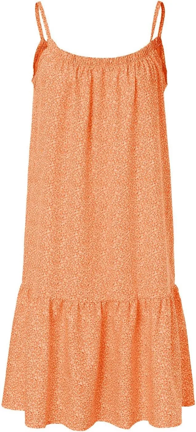 Summer Dresses for Women 2024 Floral Printed Ruffle Hem Spaghetti Sundresses Sleeveless Crewneck Beach Midi Dress