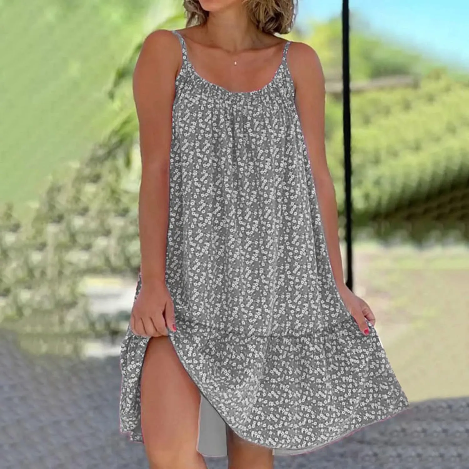 Summer Dresses for Women 2024 Floral Printed Ruffle Hem Spaghetti Sundresses Sleeveless Crewneck Beach Midi Dress