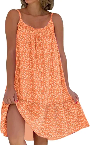Summer Dresses for Women 2024 Floral Printed Ruffle Hem Spaghetti Sundresses Sleeveless Crewneck Beach Midi Dress