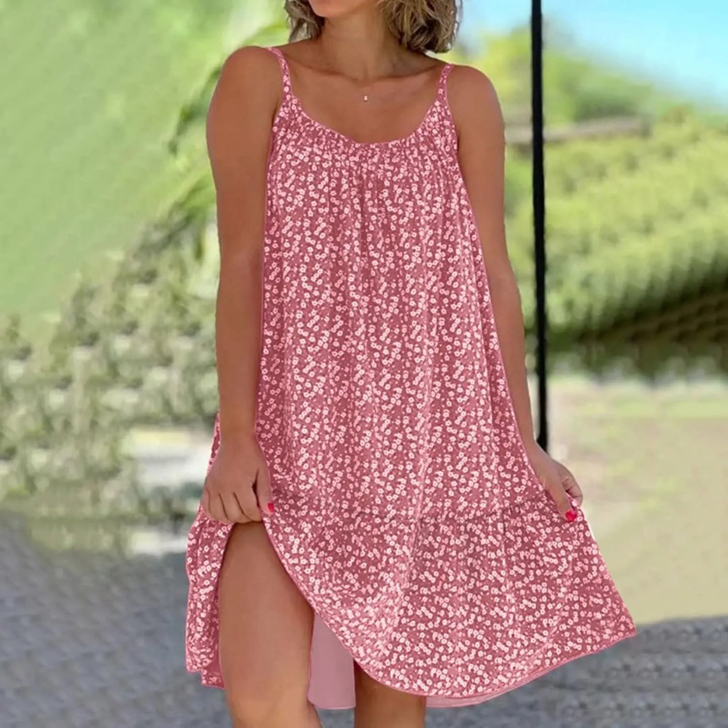 Summer Dresses for Women 2024 Floral Printed Ruffle Hem Spaghetti Sundresses Sleeveless Crewneck Beach Midi Dress