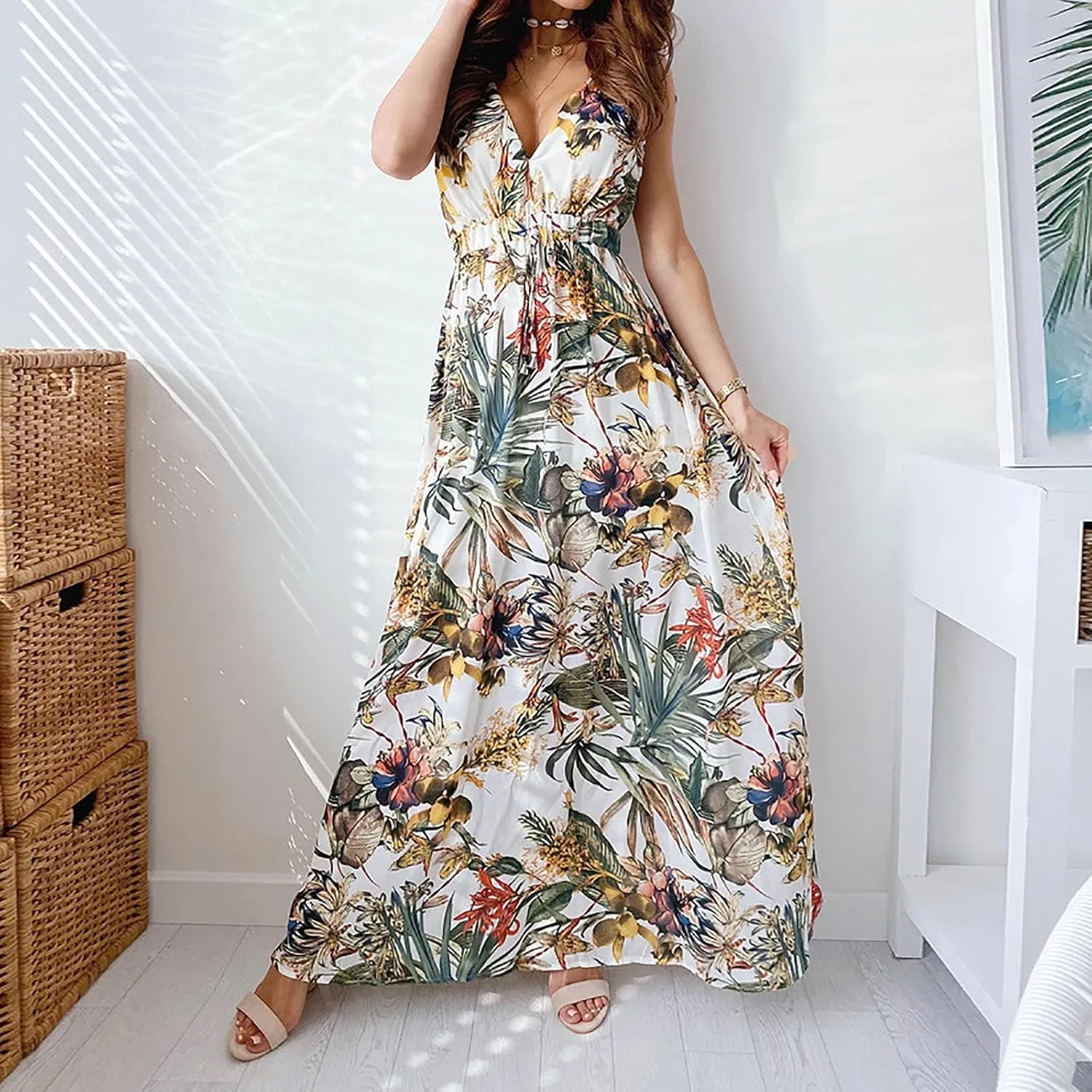 Summer Dresses for Women 2024 Spring Trendy Elegant Wrap V Neck Floral Boho Dress Flowy Ruched Hawaiian Beach Maxi