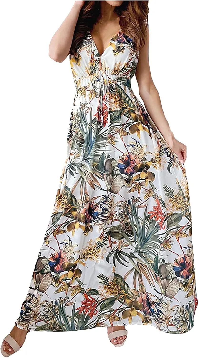 Summer Dresses for Women 2024 Spring Trendy Elegant Wrap V Neck Floral Boho Dress Flowy Ruched Hawaiian Beach Maxi
