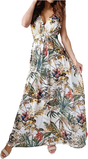 Summer Dresses for Women 2024 Spring Trendy Elegant Wrap V Neck Floral Boho Dress Flowy Ruched Hawaiian Beach Maxi
