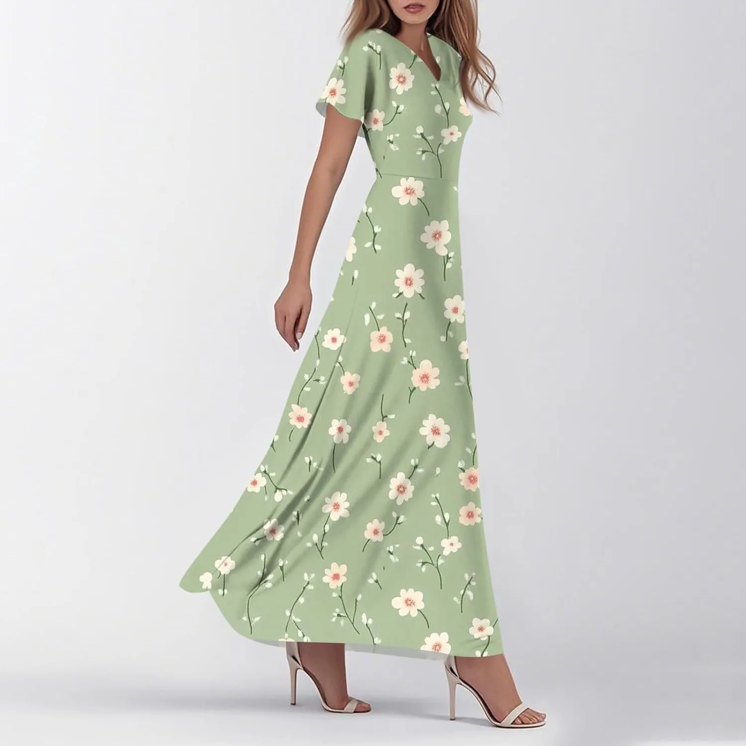 Summer Dresses for Women 2025 Casual Floral V-Neck Ruffle Short Sleeve Casual Wedding Guest Aline Swing Long Dress,XS-2XL