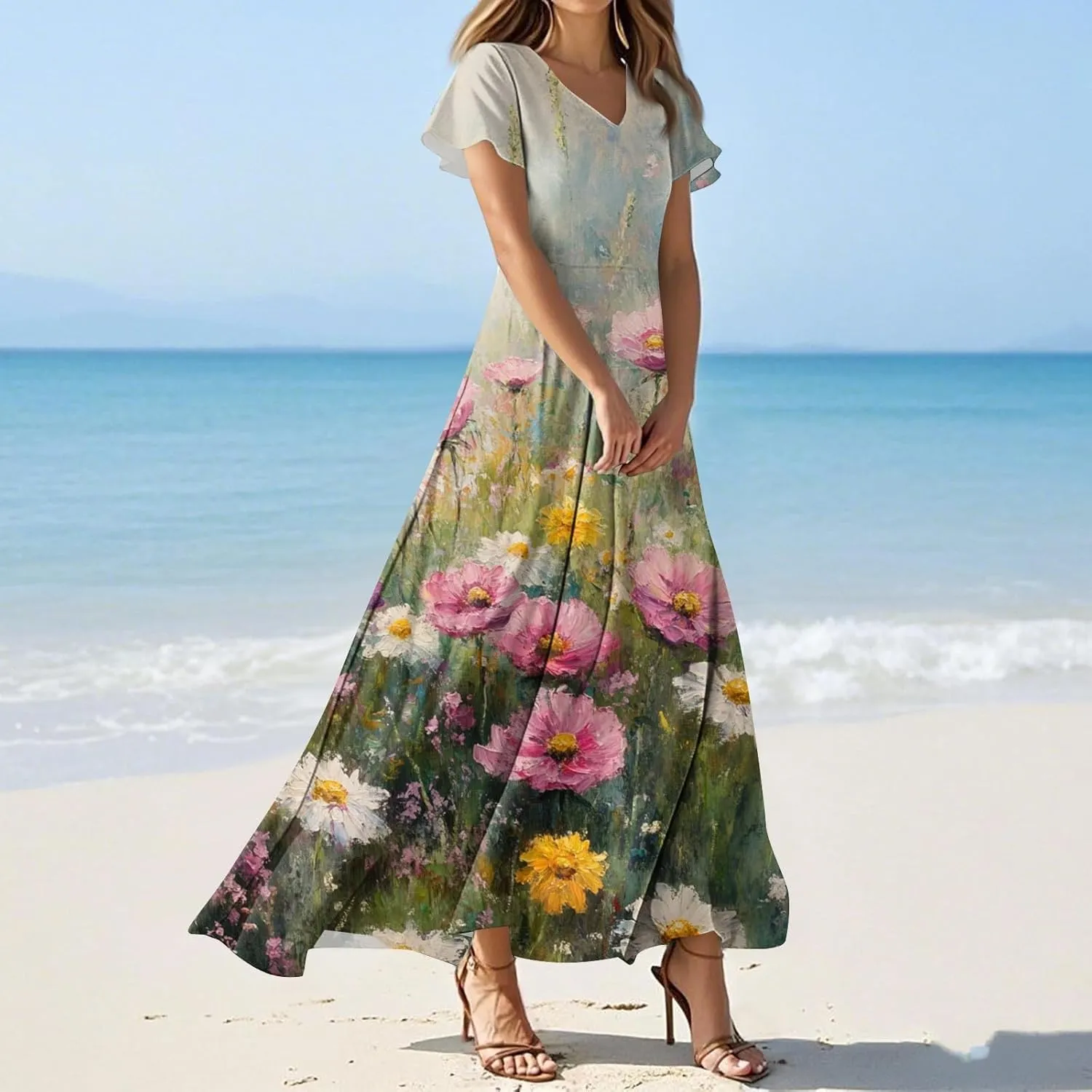 Summer Dresses for Women 2025 Casual Floral V-Neck Ruffle Short Sleeve Casual Wedding Guest Aline Swing Long Dress,XS-2XL