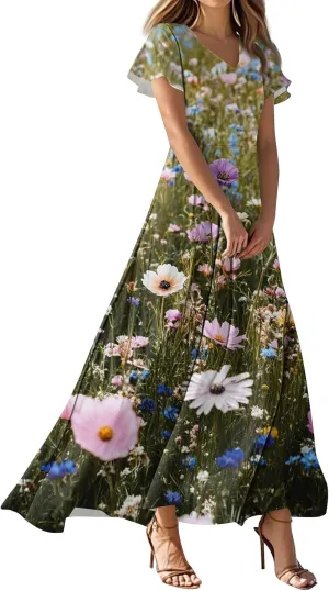 Summer Dresses for Women 2025 Casual Floral V-Neck Ruffle Short Sleeve Casual Wedding Guest Aline Swing Long Dress,XS-2XL