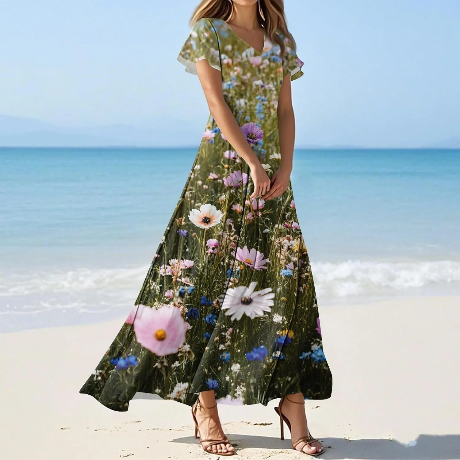 Summer Dresses for Women 2025 Casual Floral V-Neck Ruffle Short Sleeve Casual Wedding Guest Aline Swing Long Dress,XS-2XL