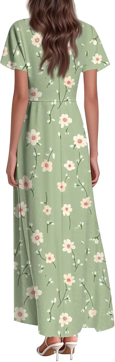 Summer Dresses for Women 2025 Casual Floral V-Neck Ruffle Short Sleeve Casual Wedding Guest Aline Swing Long Dress,XS-2XL