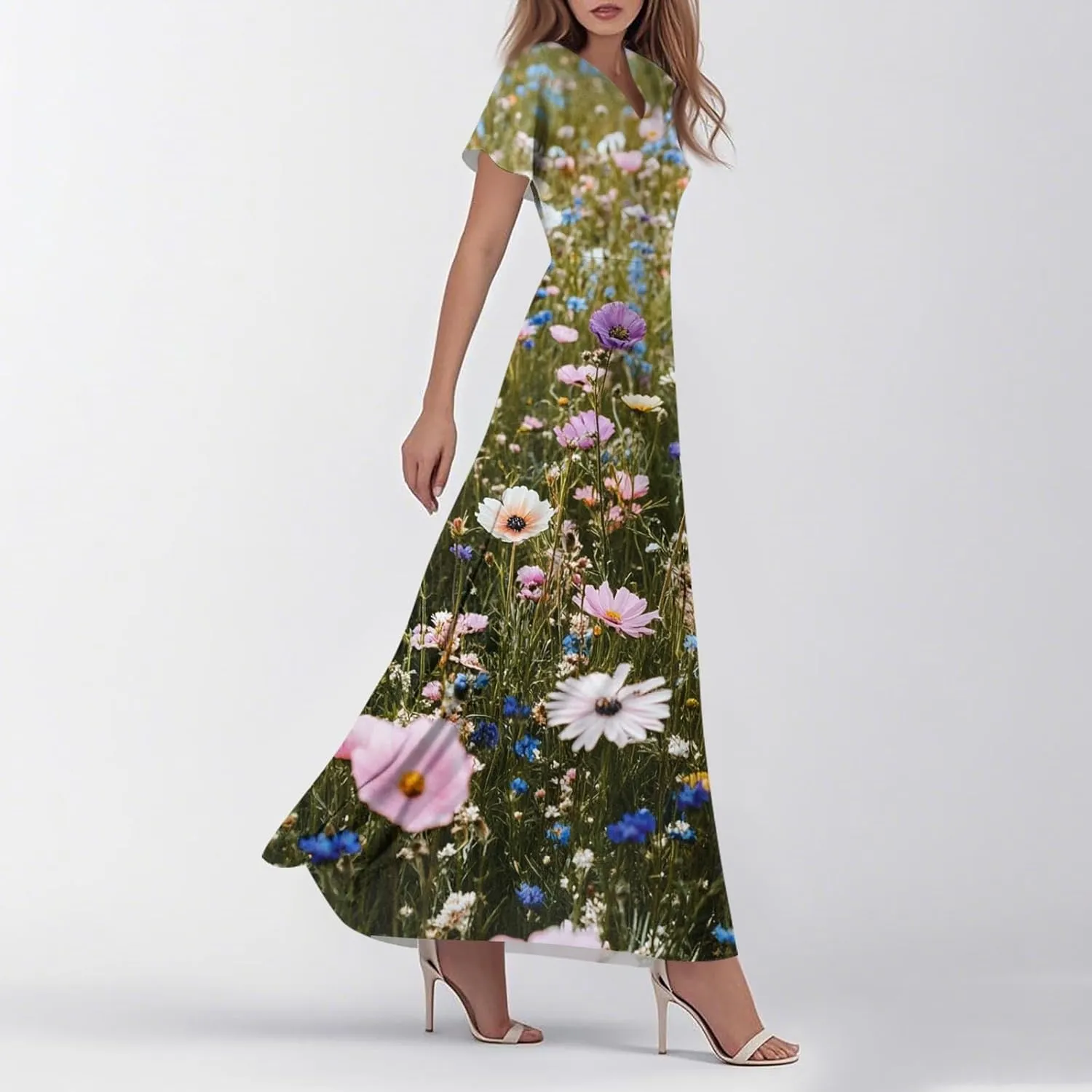 Summer Dresses for Women 2025 Casual Floral V-Neck Ruffle Short Sleeve Casual Wedding Guest Aline Swing Long Dress,XS-2XL