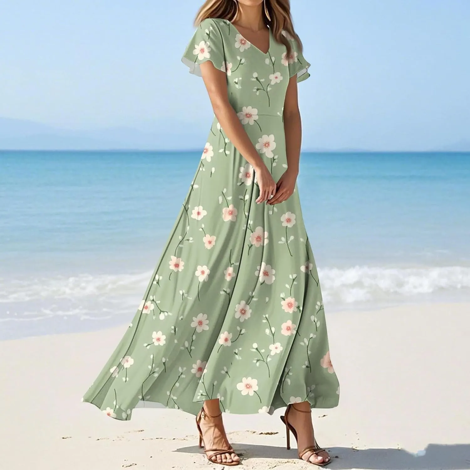 Summer Dresses for Women 2025 Casual Floral V-Neck Ruffle Short Sleeve Casual Wedding Guest Aline Swing Long Dress,XS-2XL