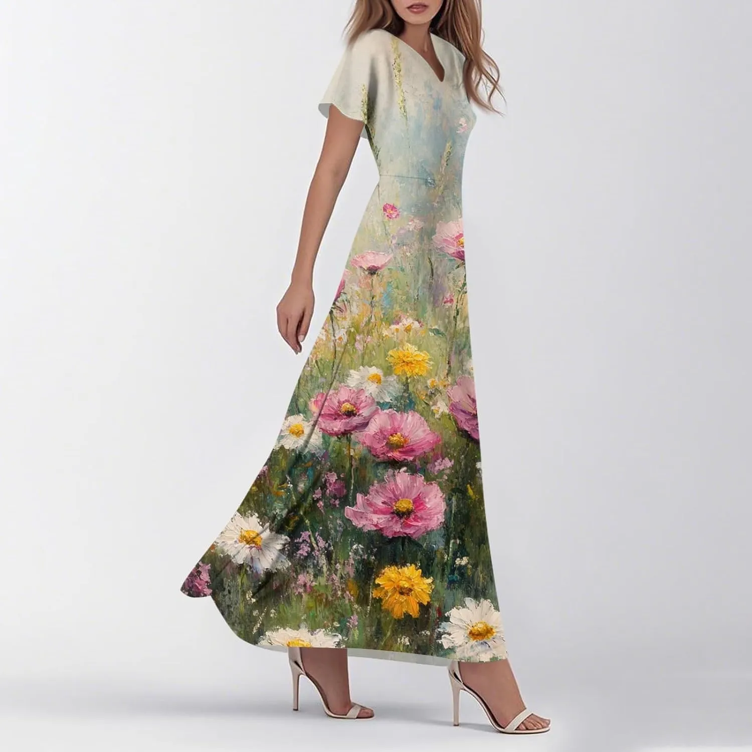 Summer Dresses for Women 2025 Casual Floral V-Neck Ruffle Short Sleeve Casual Wedding Guest Aline Swing Long Dress,XS-2XL