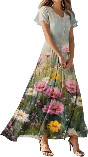 Summer Dresses for Women 2025 Casual Floral V-Neck Ruffle Short Sleeve Casual Wedding Guest Aline Swing Long Dress,XS-2XL
