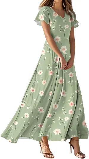 Summer Dresses for Women 2025 Casual Floral V-Neck Ruffle Short Sleeve Casual Wedding Guest Aline Swing Long Dress,XS-2XL