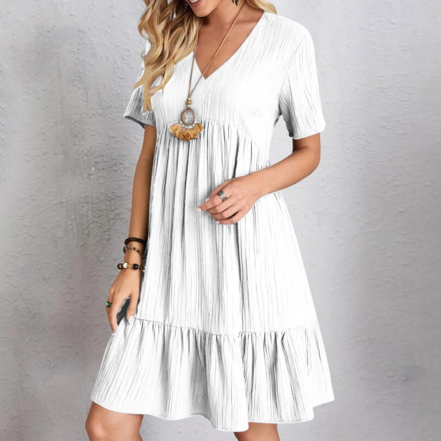 Summer Dresses for Women 2025 Vacation,Short Sleeve V Neck Mini T Shirt Dress Pleated Ruffle Flowy Beach Sundresses