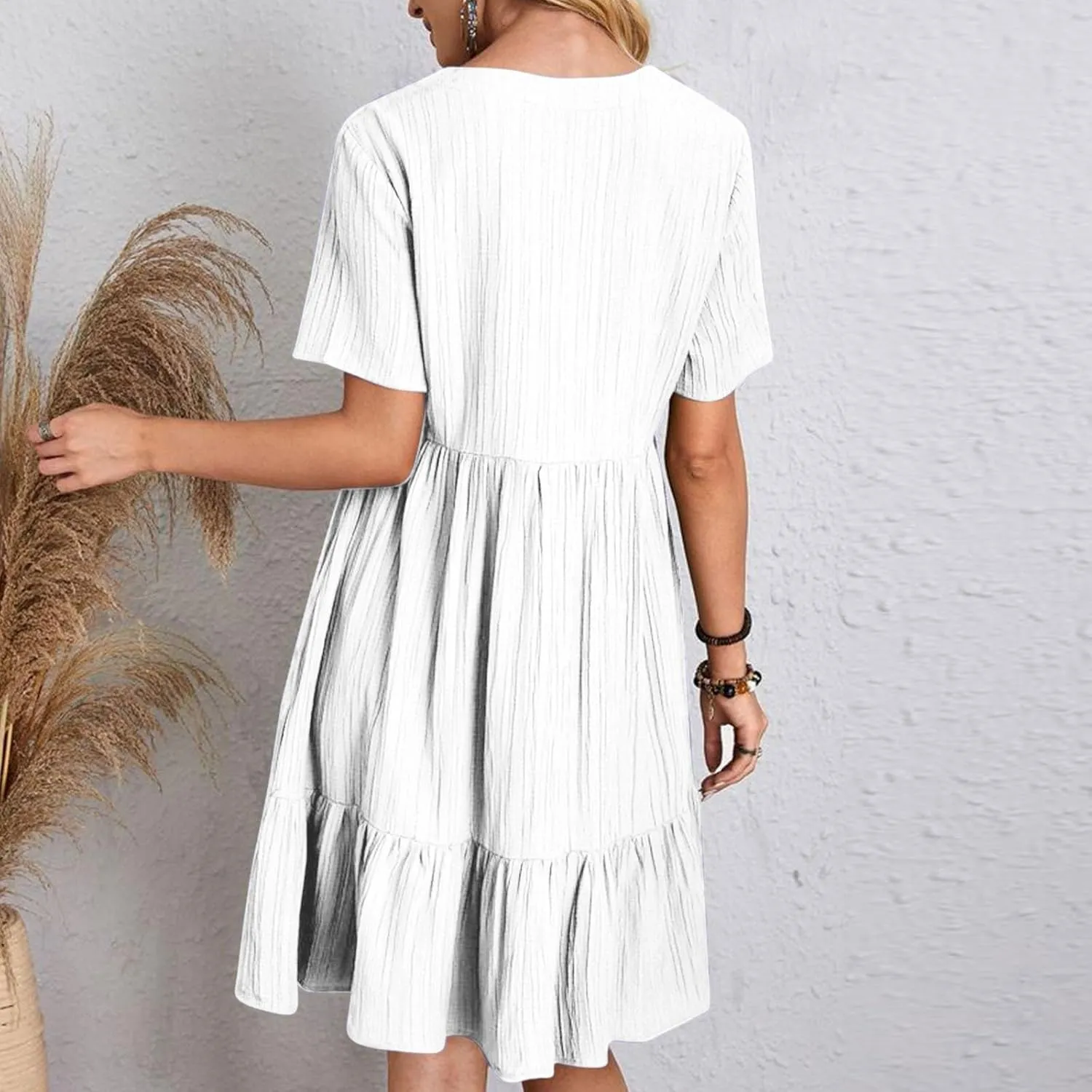 Summer Dresses for Women 2025 Vacation,Short Sleeve V Neck Mini T Shirt Dress Pleated Ruffle Flowy Beach Sundresses