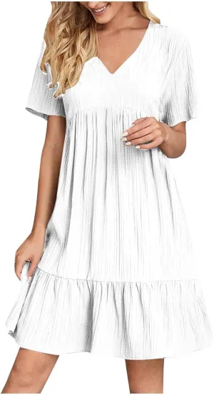 Summer Dresses for Women 2025 Vacation,Short Sleeve V Neck Mini T Shirt Dress Pleated Ruffle Flowy Beach Sundresses