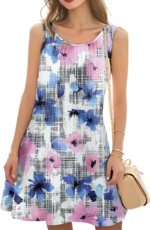 Summer Dresses for Women Casual Sundress Floral Printed Pleated Mini Dress with Pocket Beach Cover Up Swimsuit