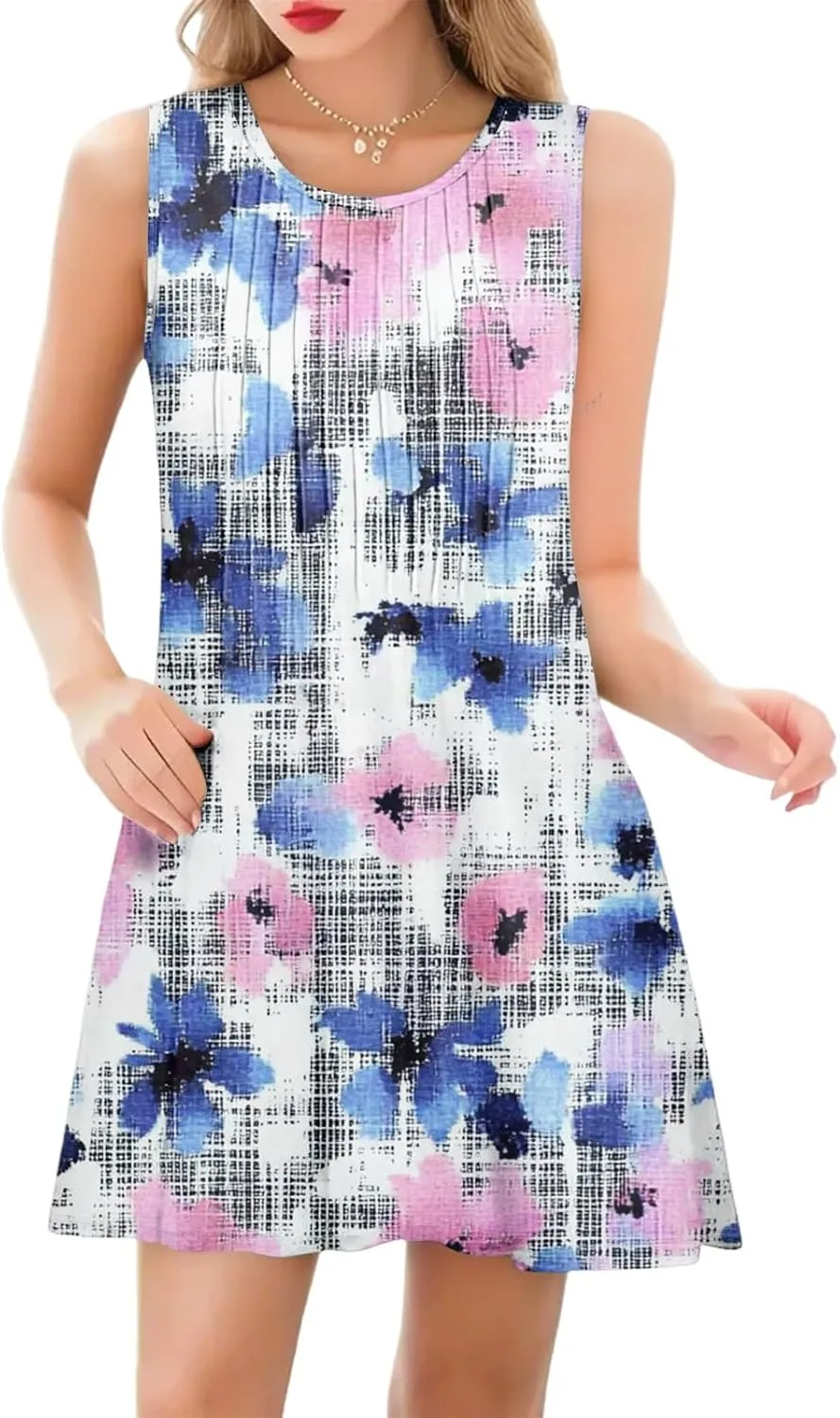 Summer Dresses for Women Casual Sundress Floral Printed Pleated Mini Dress with Pocket Beach Cover Up Swimsuit