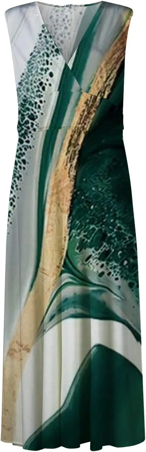 Summer Dresses for Women,Womens Elegant Wrap Deep V Neck Sleeveless Maxi Dress Flowy Beach Vacation Boho Sundresses