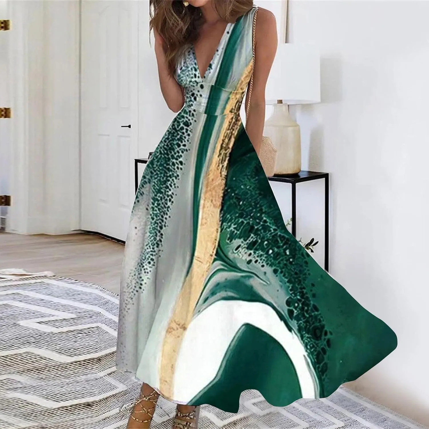 Summer Dresses for Women,Womens Elegant Wrap Deep V Neck Sleeveless Maxi Dress Flowy Beach Vacation Boho Sundresses