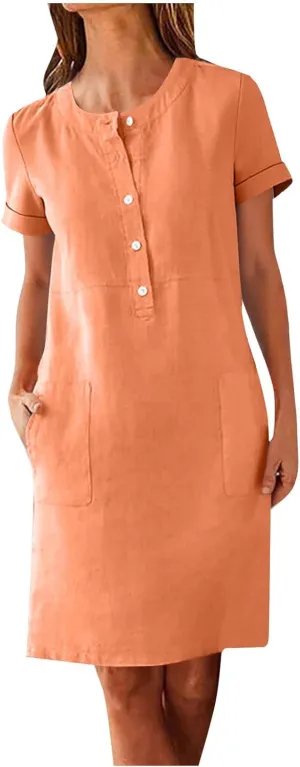 Summer Linen Mini Dress for Women Short Sleeve Shirt Dresses Button Crewneck Beach Vacation Sundress with Pockets