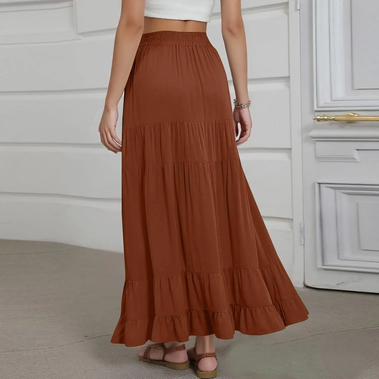 Summer Maxi Skirts for Women 2025 Long Elastic High Waisted Tiered Skirt Casual Boho Pleated A Line Beach Flowy Skirts