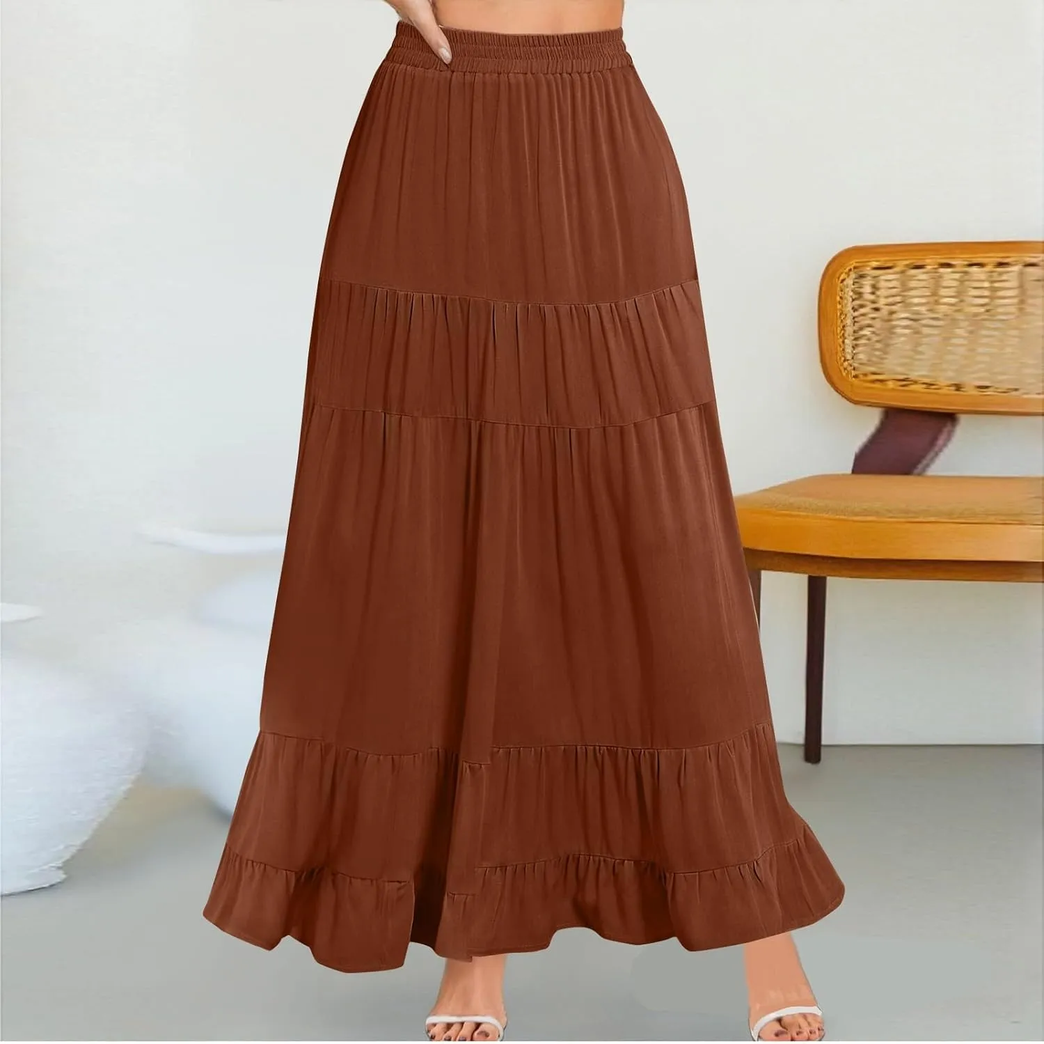 Summer Maxi Skirts for Women 2025 Long Elastic High Waisted Tiered Skirt Casual Boho Pleated A Line Beach Flowy Skirts