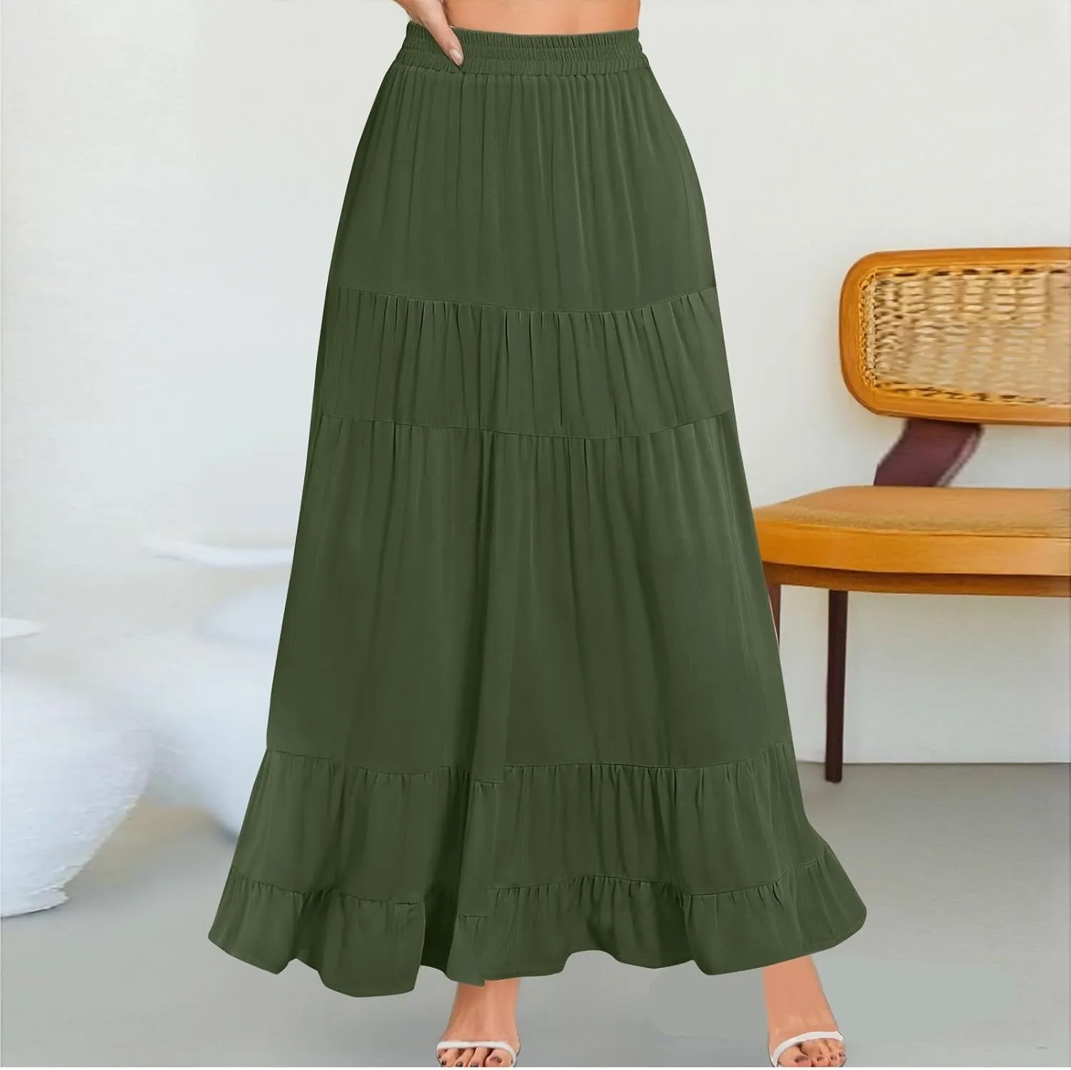 Summer Maxi Skirts for Women 2025 Long Elastic High Waisted Tiered Skirt Casual Boho Pleated A Line Beach Flowy Skirts