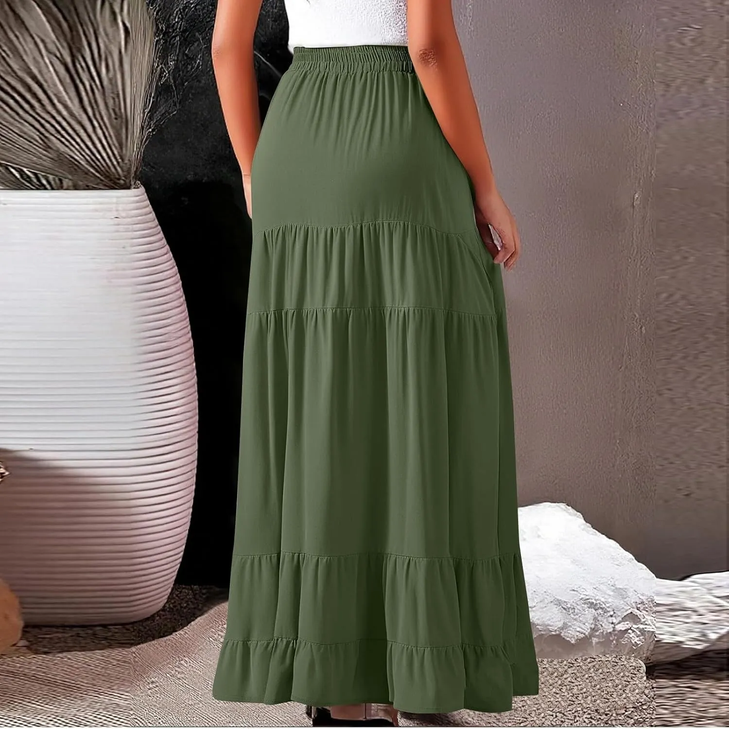 Summer Maxi Skirts for Women 2025 Long Elastic High Waisted Tiered Skirt Casual Boho Pleated A Line Beach Flowy Skirts